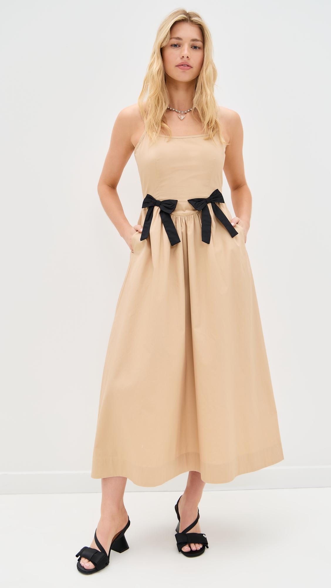 sleeveless square neck midi dress with contrast ribbon