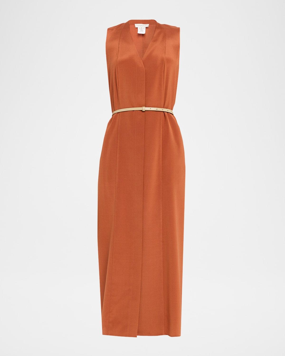 sleeveless stretch silk midi dress with leather belt