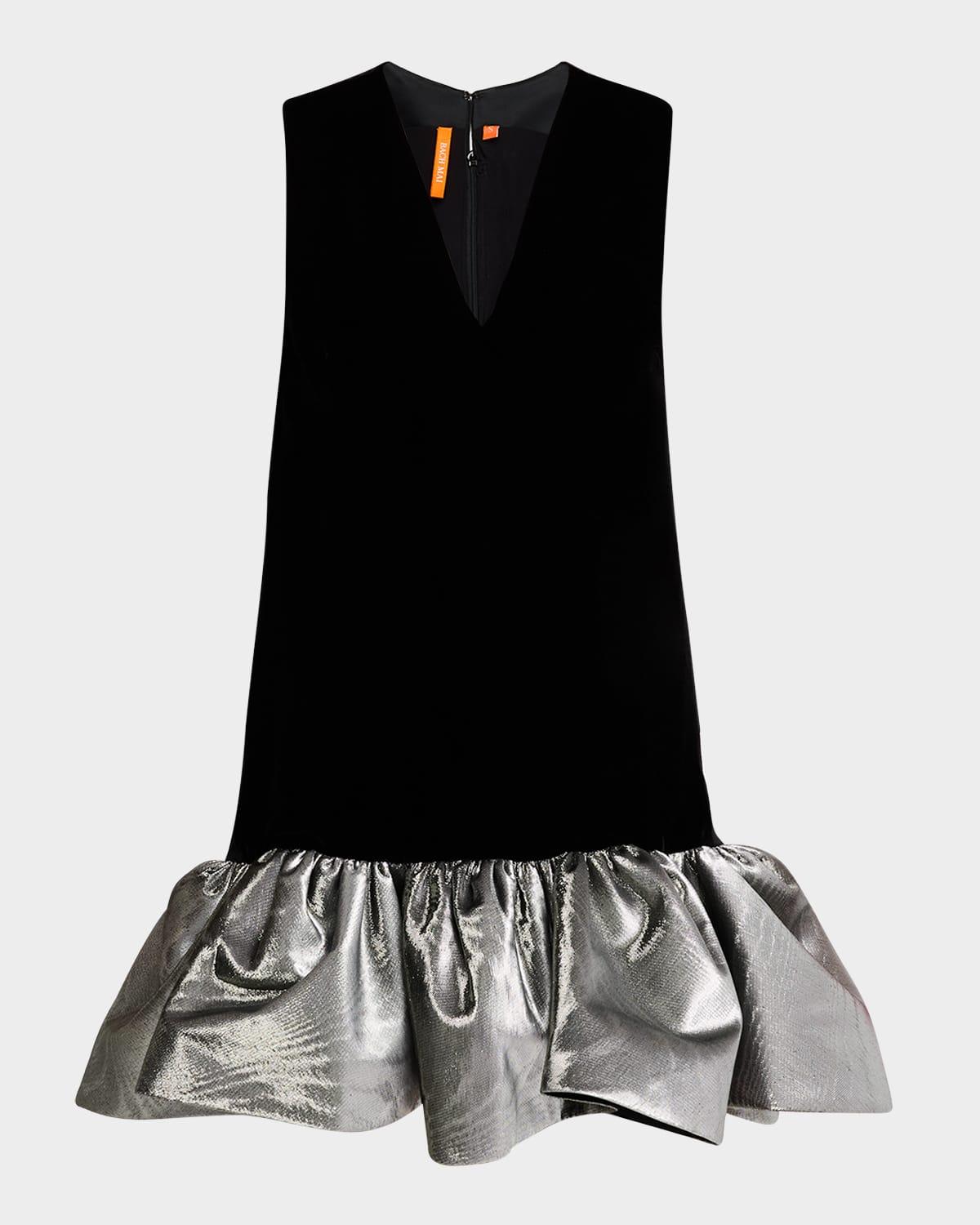 sleeveless velvet mini babydoll dress with metallic ruffle