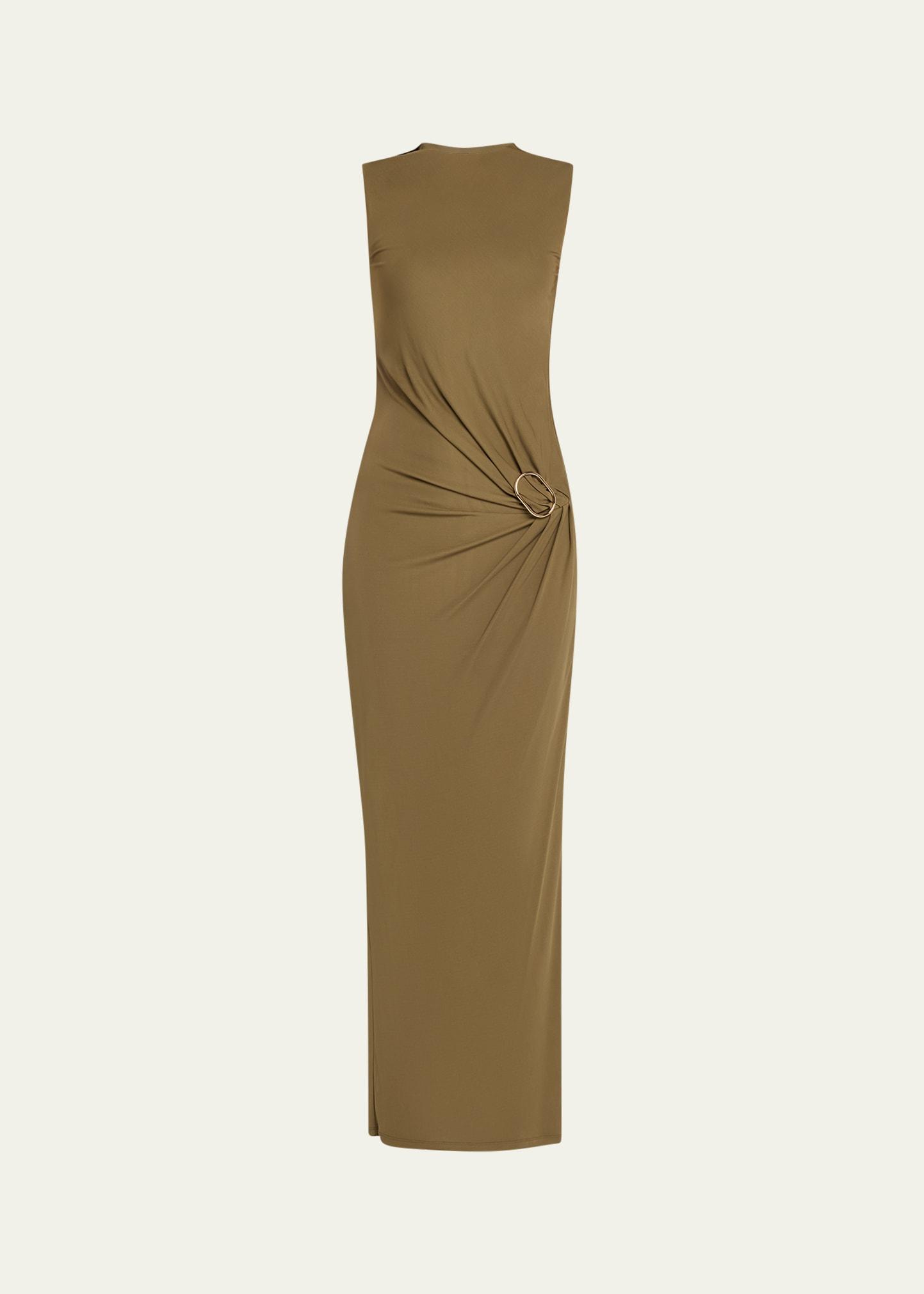sleeveless viscose knit maxi dress with buckle