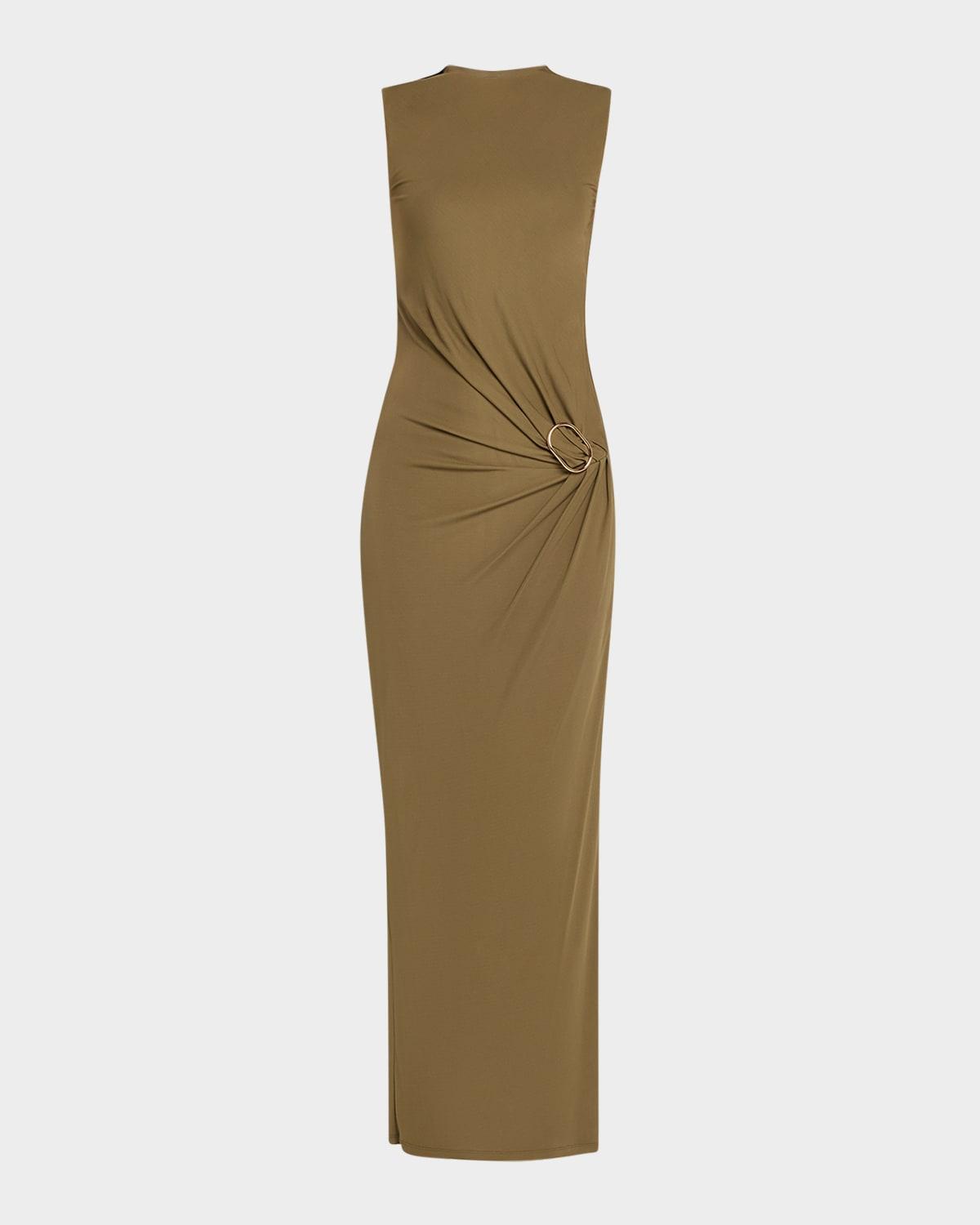 sleeveless viscose knit maxi dress with buckle