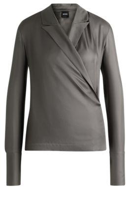 slim-fit blouse in silk with wrap front- light grey women's business blouses