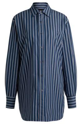 slim-fit blouse in striped cotton with monogram- blue women's business blouses