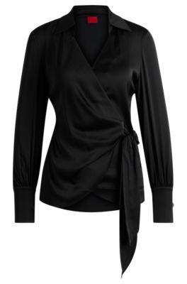 slim-fit blouse with wrap front and statement cuffs- black women's business blouses