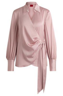 slim-fit blouse with wrap front and statement cuffs- light pink women's business blouses