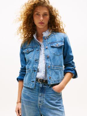 slim fit collarless denim jacket