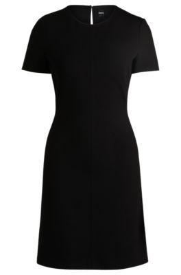 slim-fit crew-neck dress in stretch fabric- black women's business dresses
