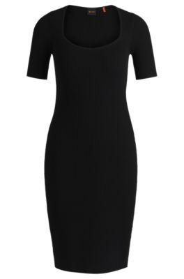 slim-fit dress in ribbed stretch fabric- black women's knitted dresses