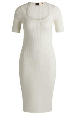 slim-fit dress in ribbed stretch fabric- white women's knitted dresses