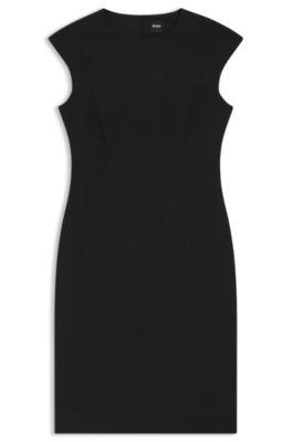 slim-fit dress in virgin wool with cap sleeves- black women's business dresses