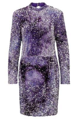 slim-fit dress with sequin embellishments and pleat front- light purple women's day dresses