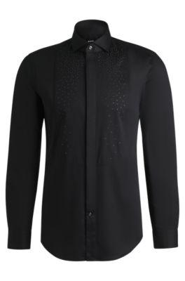 slim-fit evening shirt with embellished bib- black men's evening shirts