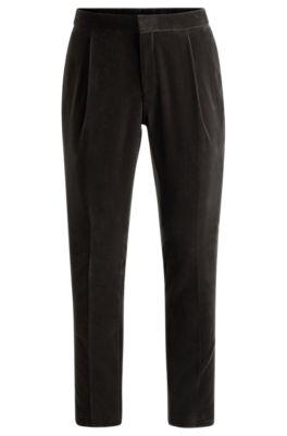 slim-fit flat-front trousers in cotton velvet- grey men's business pants
