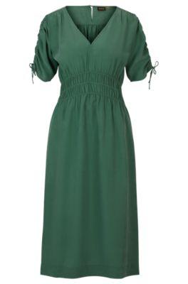 slim-fit midi dress with gathered sleeves- light green women's day dresses