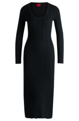 slim-fit midi-length dress with irregular ribbed structure- black women's knitted dresses