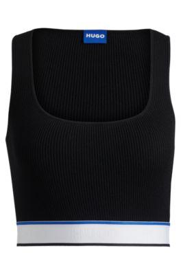 slim-fit ribbed top with repeat branding- black women's casual tops