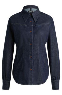 slim-fit shirt in blue stretch denim- blue women's casual blouses