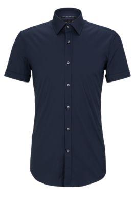 slim-fit shirt in easy-iron stretch poplin- dark blue men's shirts