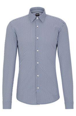 slim-fit shirt in geometric-printed performance-stretch fabric- blue men's casual shirts