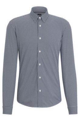slim-fit shirt in geometric-printed performance-stretch material- dark blue men's casual shirts