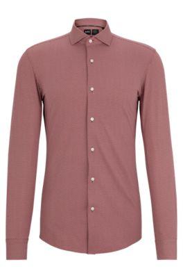 slim-fit shirt in printed performance-stretch fabric- light brown men's shirts