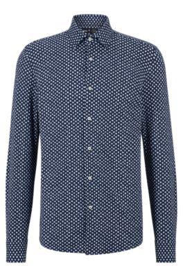 slim-fit shirt in printed performance-stretch jersey- dark blue men's shirts
