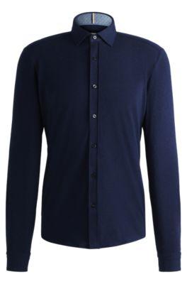 slim-fit shirt in stretch-cotton jersey- dark blue men's casual shirts