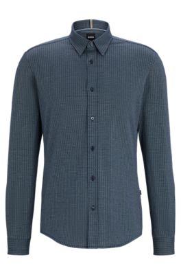 slim-fit shirt in structured cotton jacquard- dark blue men's casual shirts