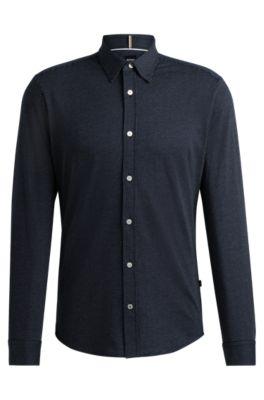 slim-fit shirt in structured cotton jersey- dark blue men's casual shirts