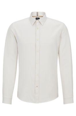 slim-fit shirt in washed cotton twill- white men's casual shirts