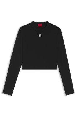 slim-fit top with stacked logo- black women's casual tops