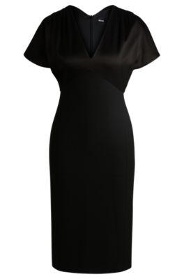 slim-fit v-neck dress in mixed materials- black women's business dresses