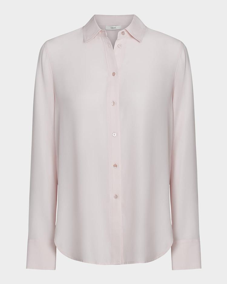 slim-fitted stretch silk button-front blouse