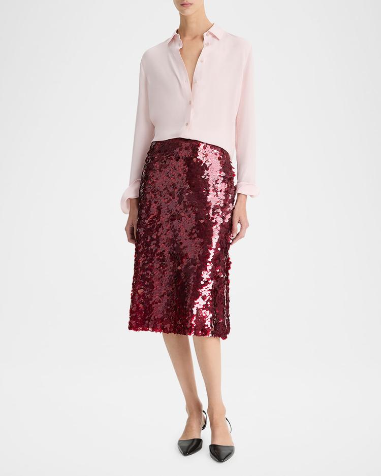 slim-fitted stretch silk button-front blouse