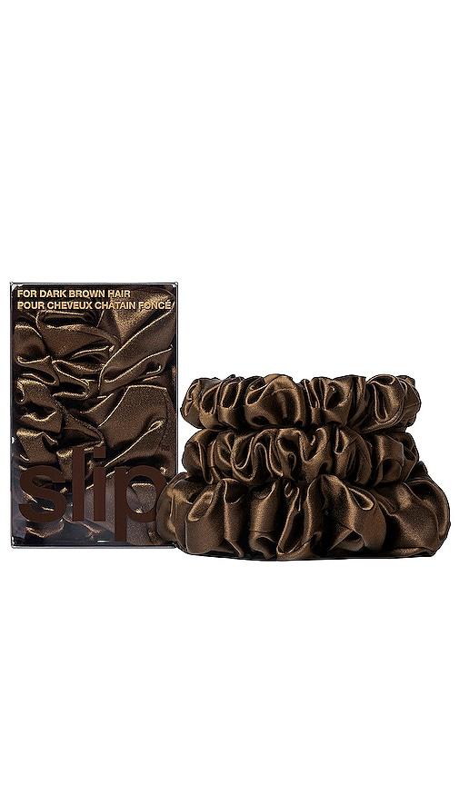 slip midi & large scrunchie set of 3 in dark brown.