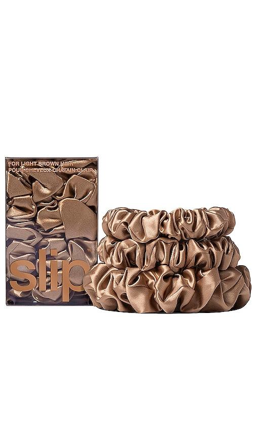 slip midi & large scrunchie set of 3 in light brown.