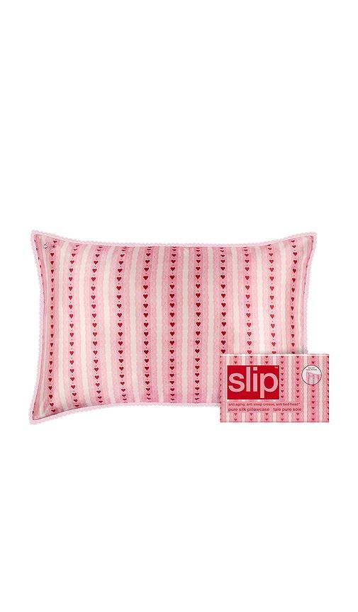 slip pure silk queen pillowcase with lace trim in pink.