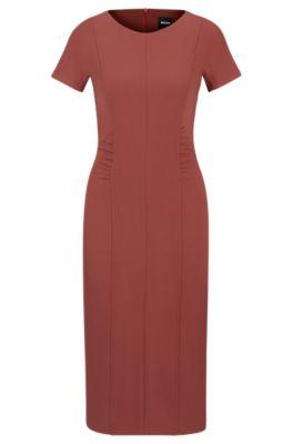slit-front business dress with gathered details- dark red women's business dresses