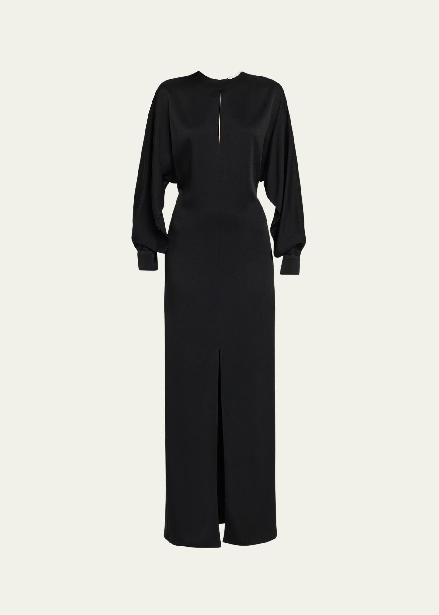 slit long-sleeve satin gown