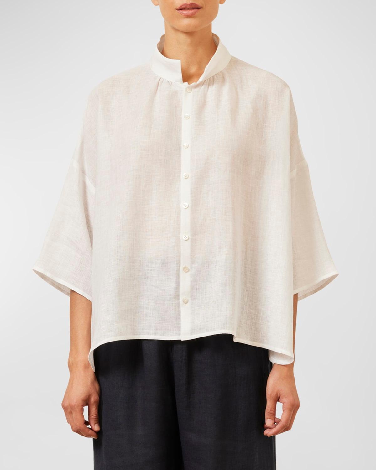 sloped-shoulder wide a-line pleated collar short-sleeve shirt (mid length)