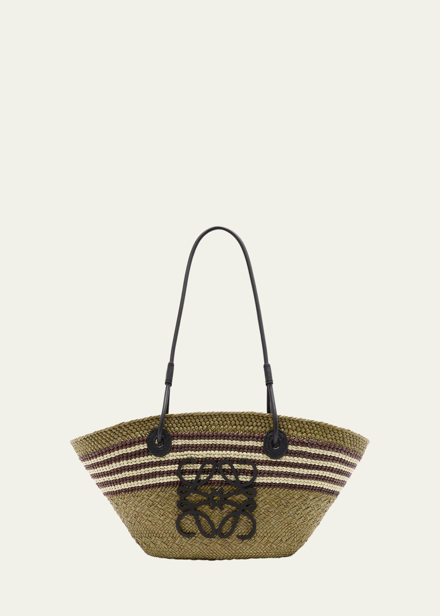 small anagram striped straw tote bag