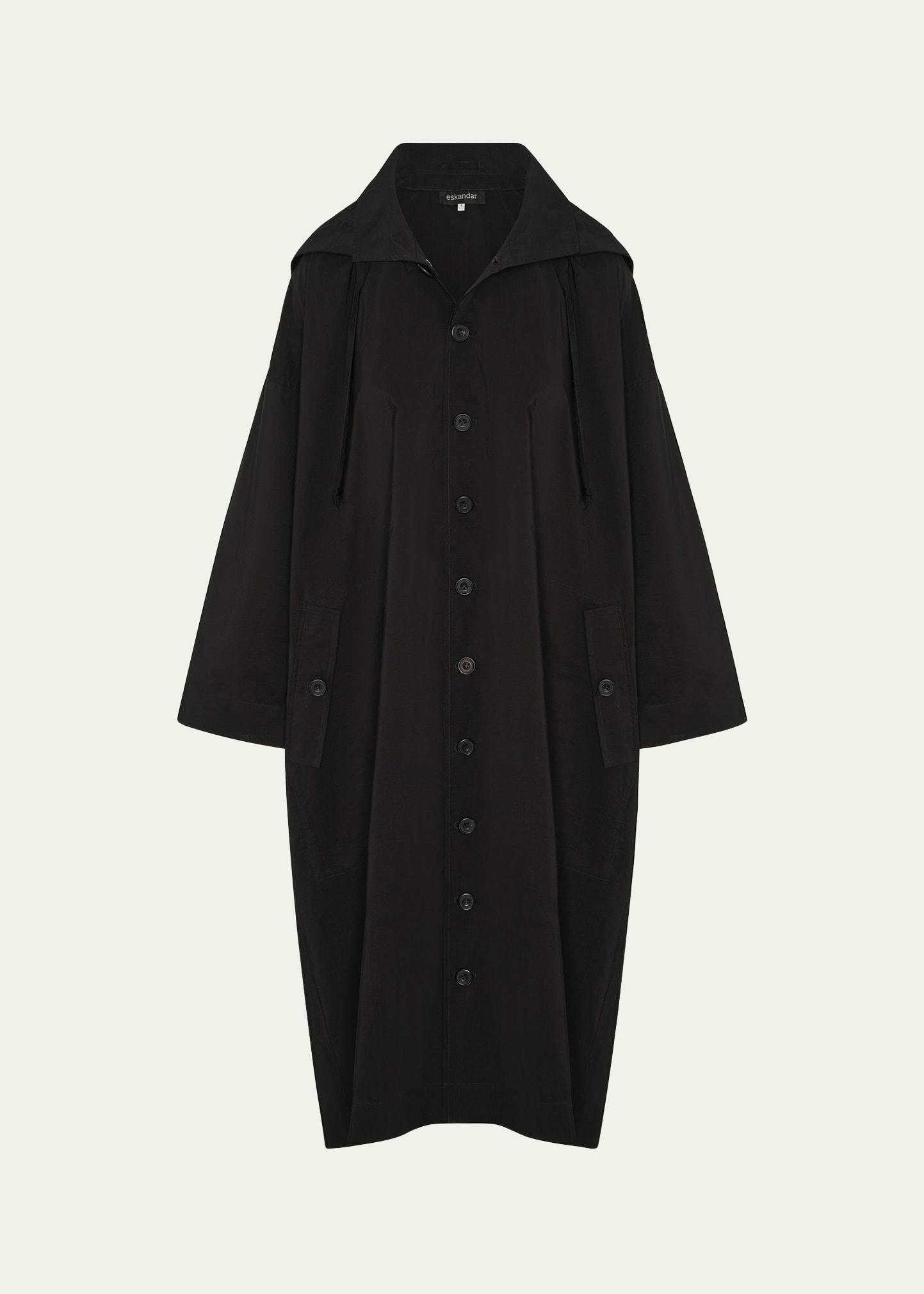 smaller-front larger-back high-neck coat with button away hood (full length)