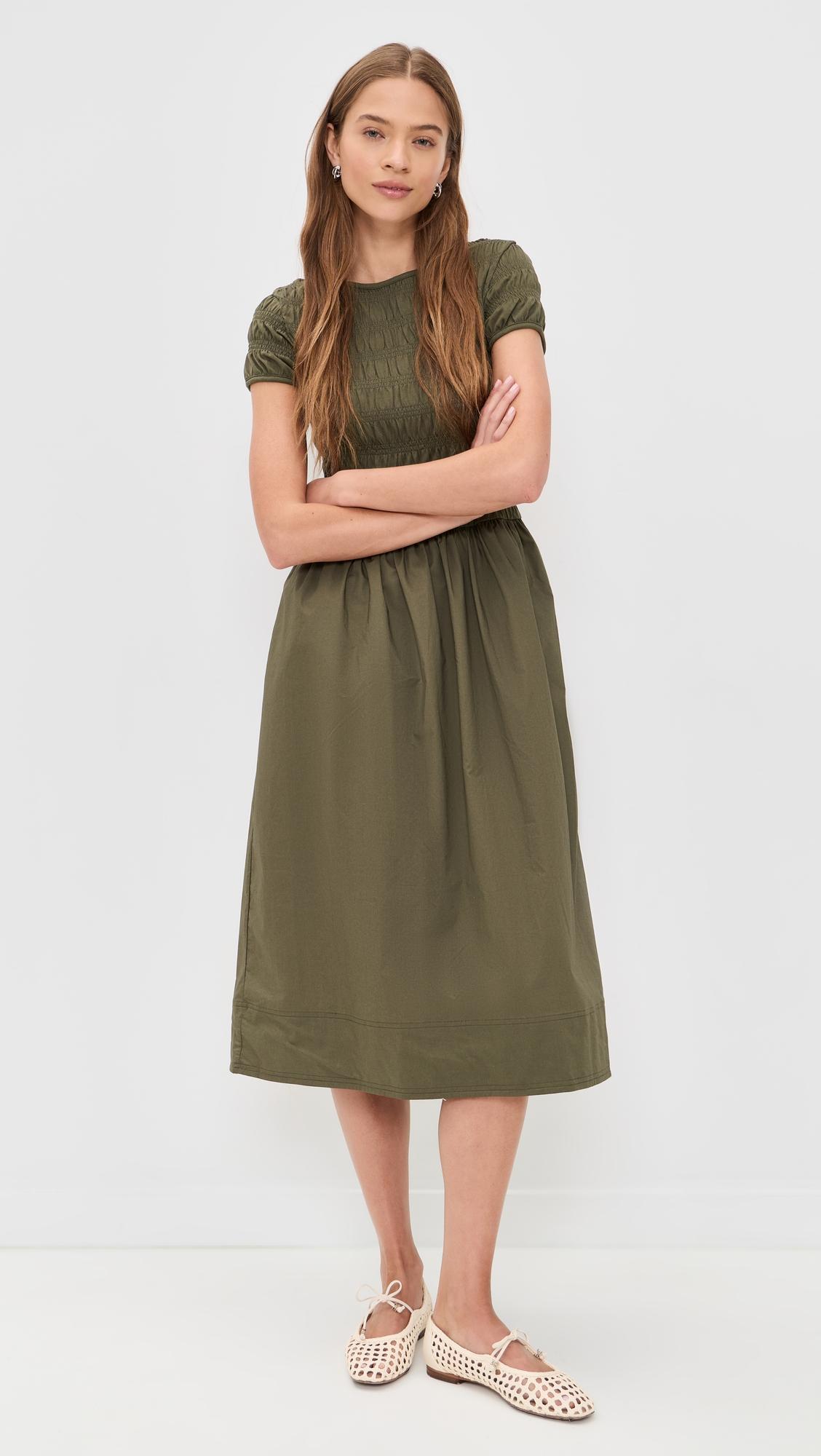 smocked boatneck midi dress