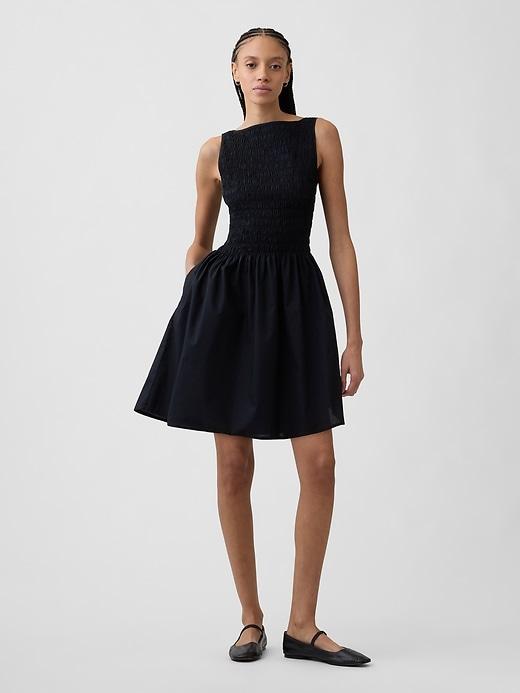 smocked boatneck mini dress