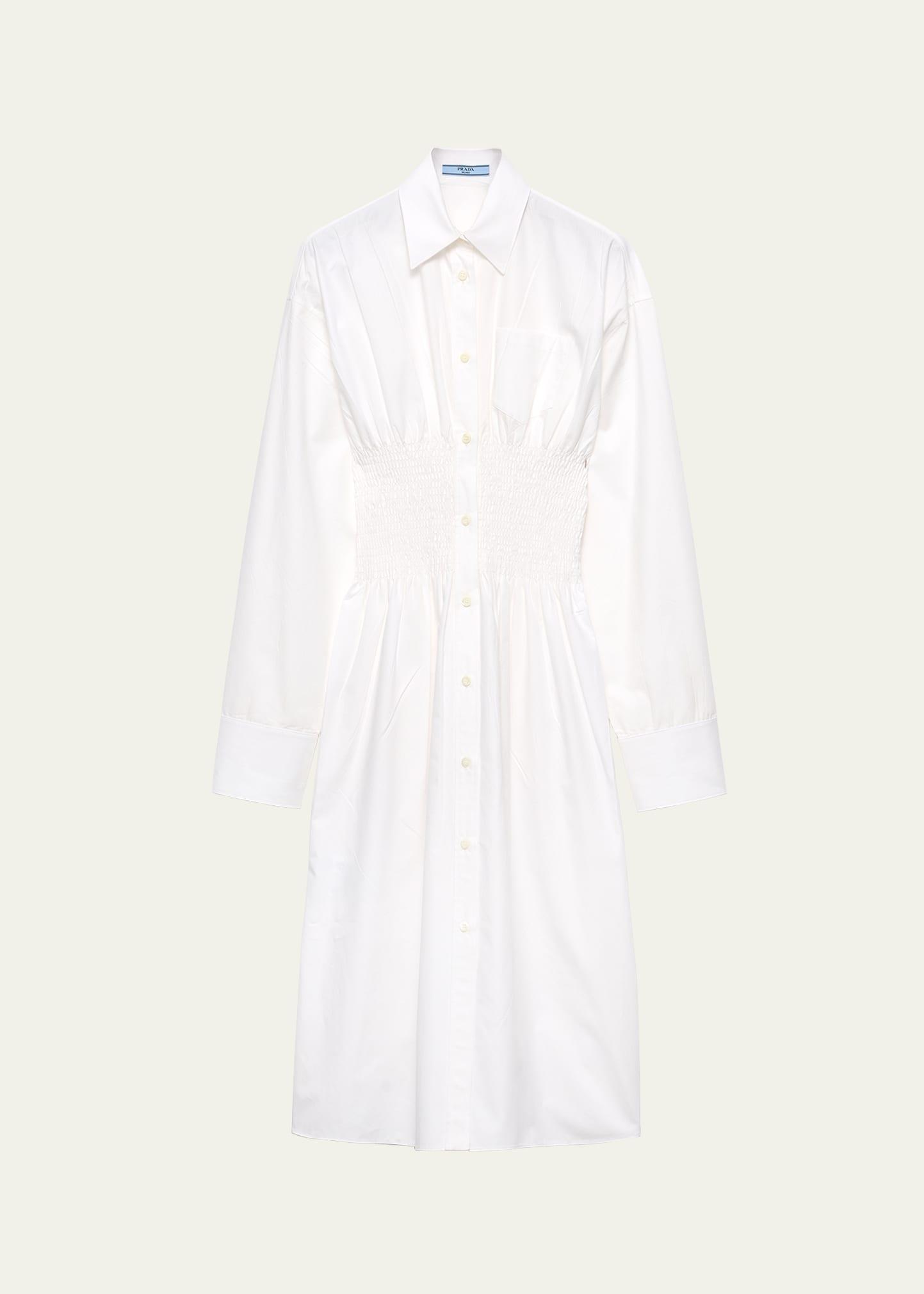 smocked canvas fit-and-flare midi shirt dress