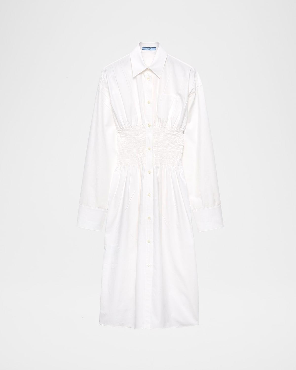 smocked canvas fit-and-flare midi shirt dress