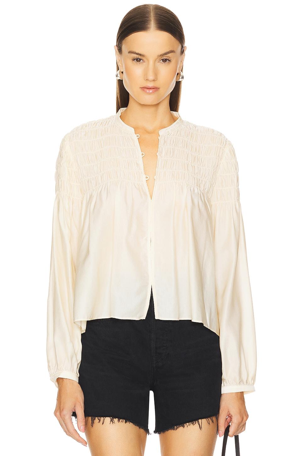 smocked collarless blouse