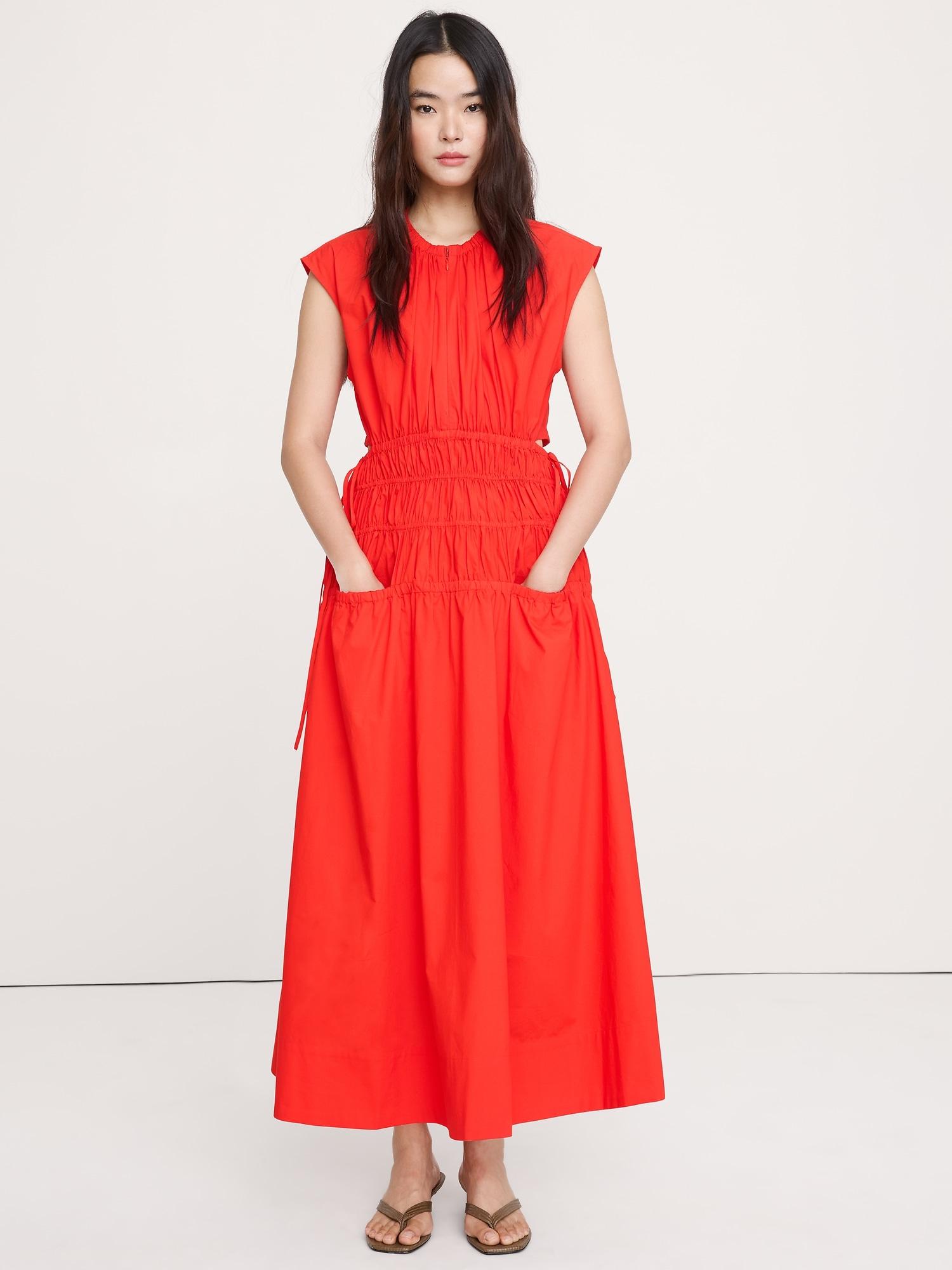 smocked cotton poplin maxi dress with open back