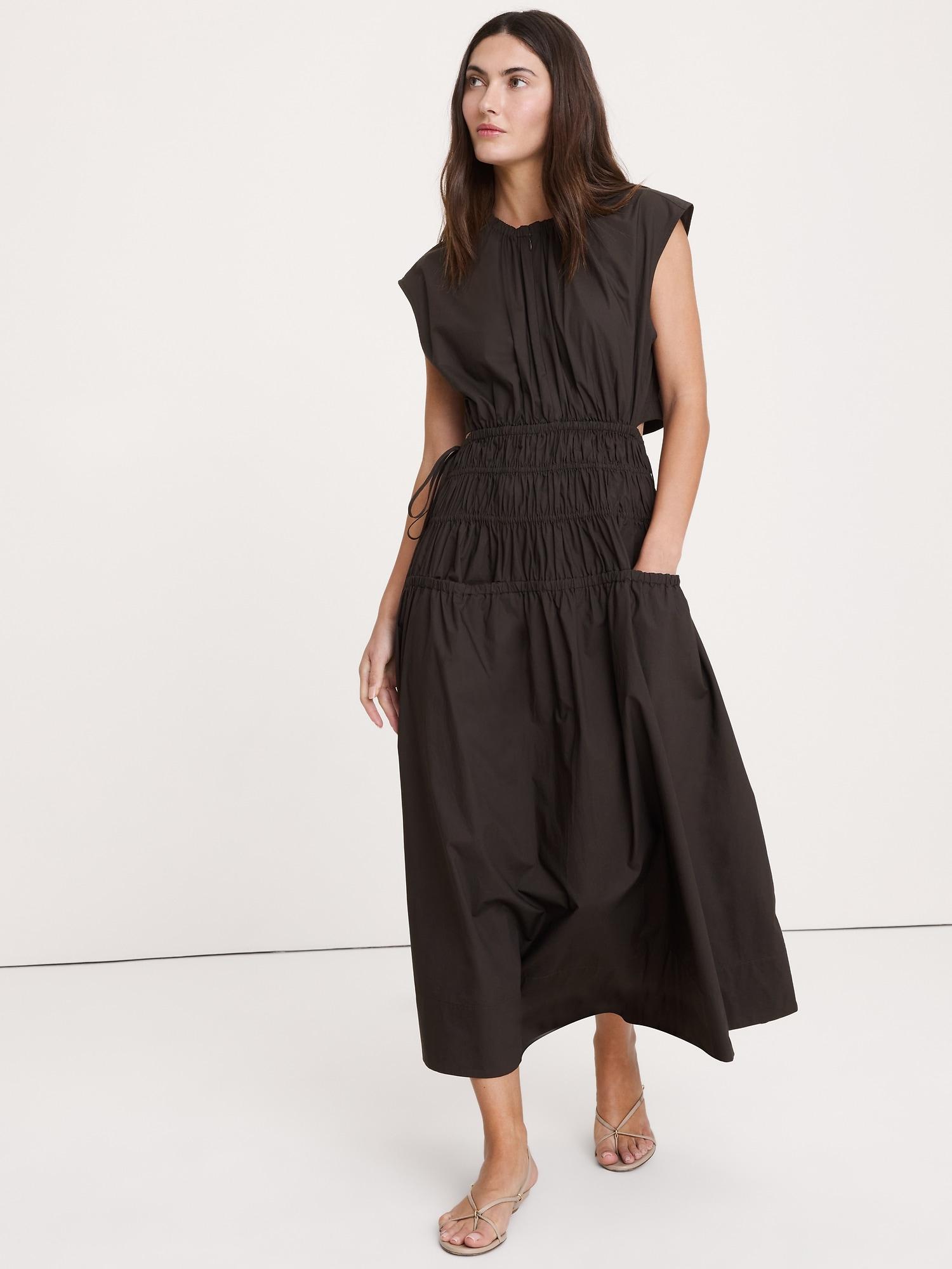smocked cotton poplin maxi dress with open back