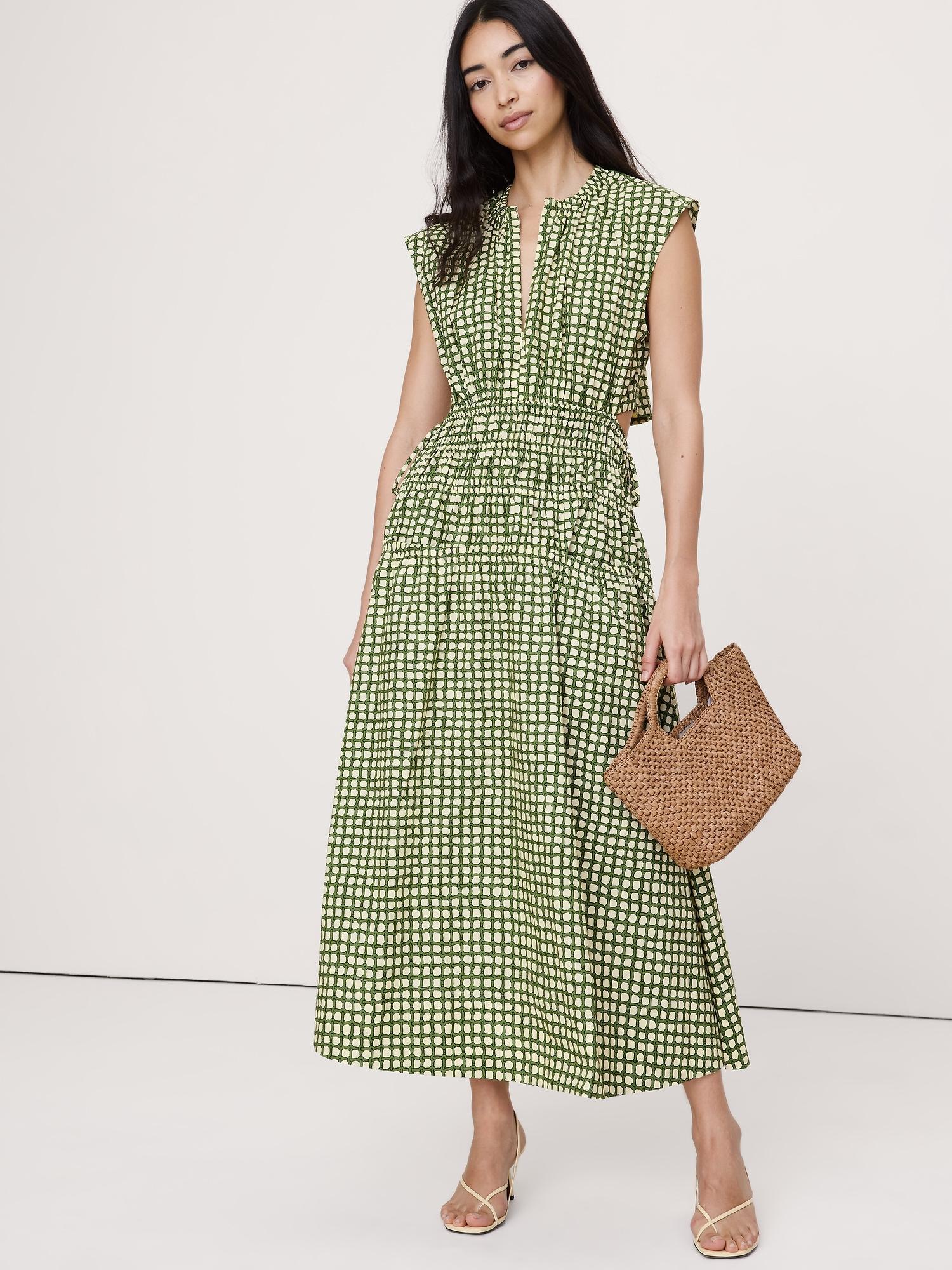 smocked cotton poplin maxi dress with open back